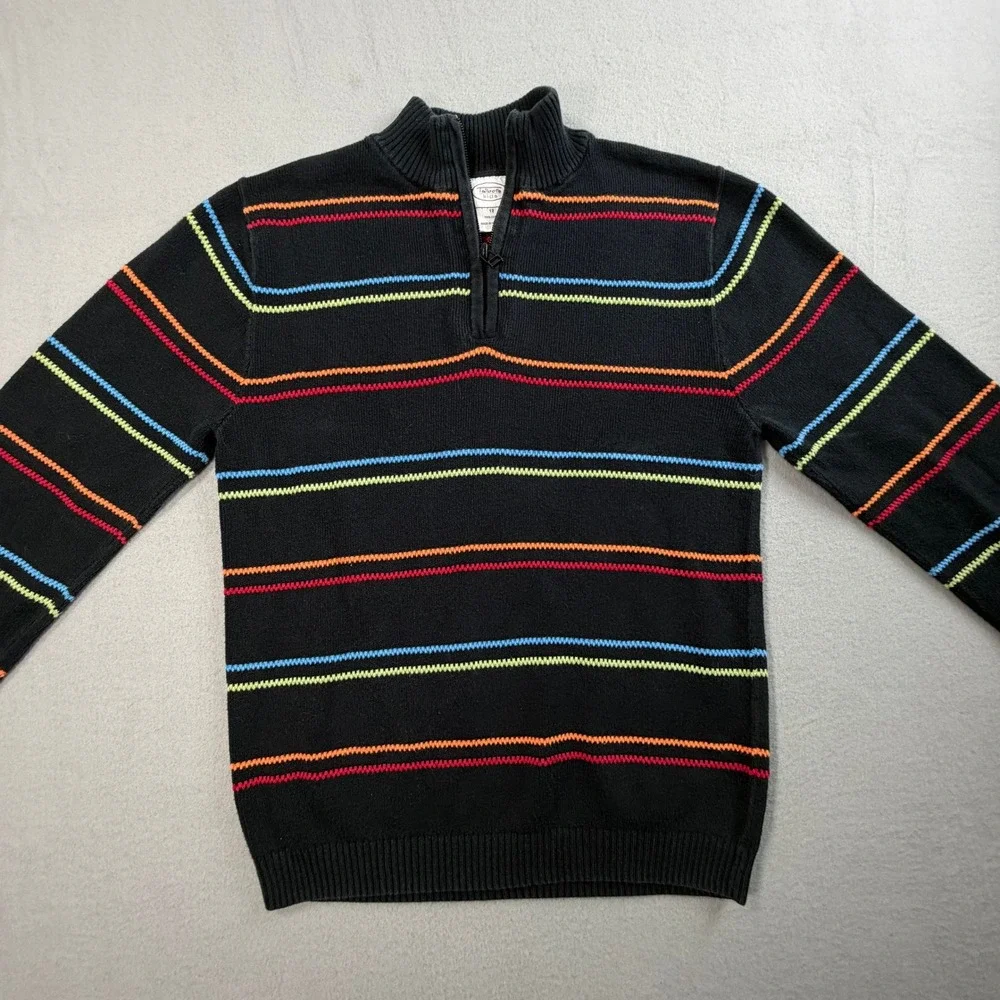 Vintage Talbots Kids Sweater Boys 12 Black Rainbow Stripe Quarter Zip Cotton